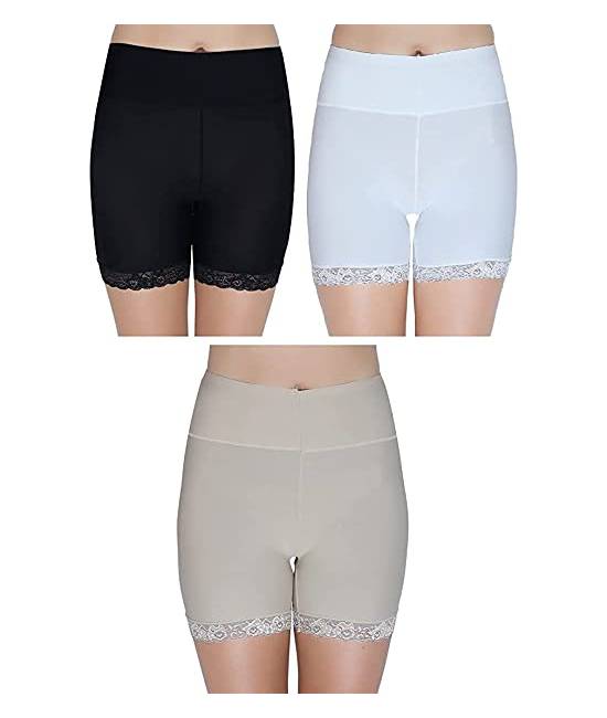 Women’s Ice Silk High Waist Tummy Control Seamless Safety Shorts/ Boyshort Panties/Under Skirt Shorts/Cycling Shorts with Lace, Free Size (Pack of 3)