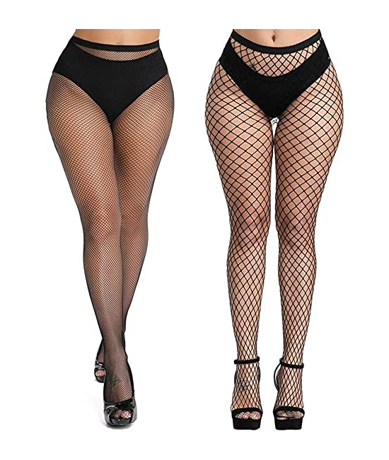 Women’s/Girls’s High Waist Pantyhose Tights Fishnet Stockings Mesh Net Style, Free Size, Black (Pack Of 2 Styles)