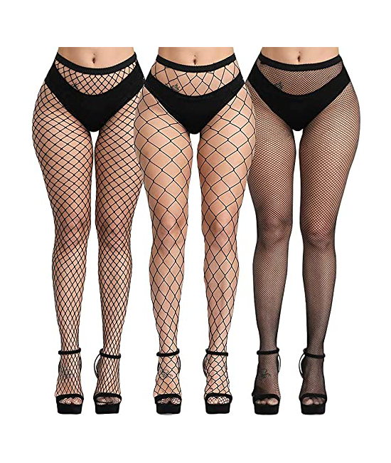 Women’s High Waist Pantyhose Tights Fishnet Stockings Mesh Net Style, Free Size, Black (Pack of 3 Styles)