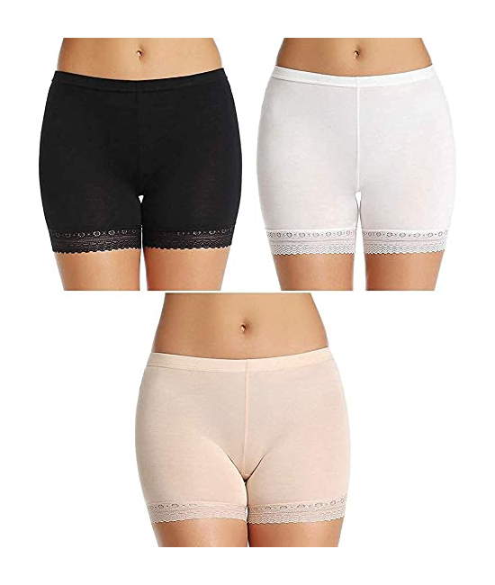 Women’s/Girl’s Cotton Lycra Shorts with Lace Trim Cycling Shorts/Safety Shorts/Under Skirt Shorts/Night Shorts,Free Size (Pack Of 3)