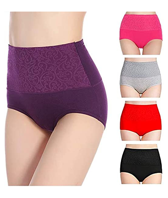 Women’s Cotton High Waist Full Coverage Tummy Control Panty, Free Size (Pack Of 4 Panty) Assorted Colors