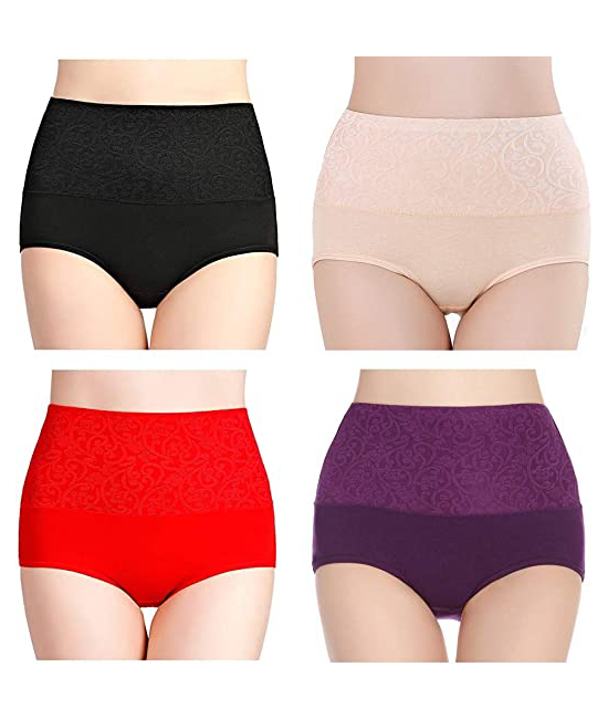 Women’s Cotton High Waist Full Coverage Tummy Control Panty, Free Size (Pack Of 4 Panty)