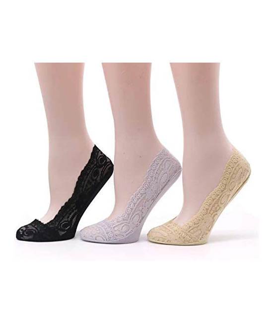 Women’s/Girl’s Anti-Skid Lace No Show Socks/Socks (Pack Of 3)