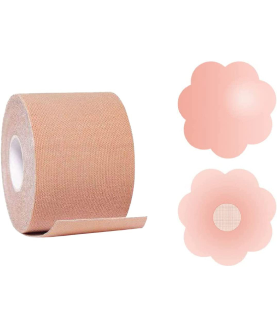 Breast Lift Tape with 2 Pcs Petal Nipple Cover, Push Up & Lifting Tape Fit for Any Type of Clothing and A-E Cup Size (Skin Color)